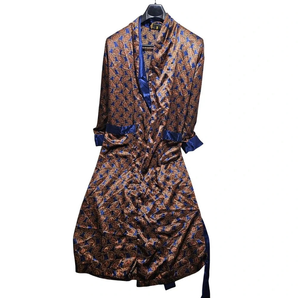 Number 1 London Mens‎ Paisley Robe Blue Gold Satin Long Dressing Gown S/M 48in